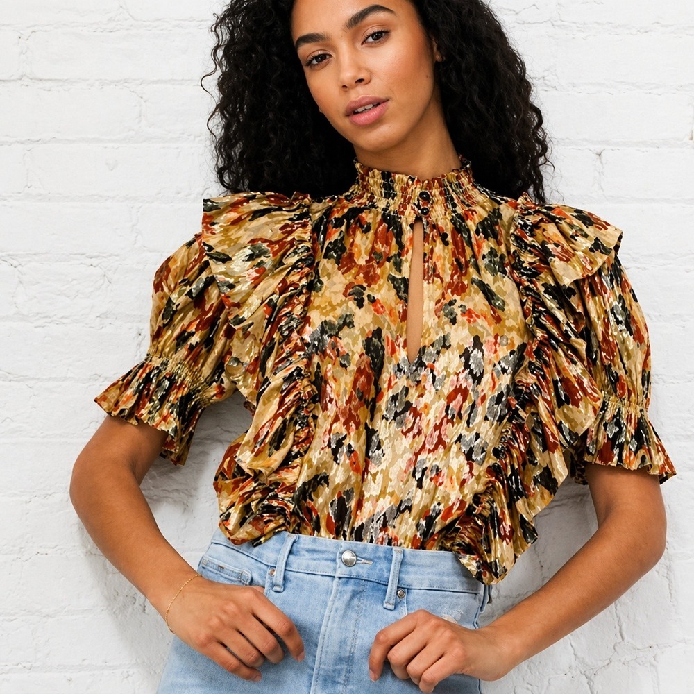 Ba&sh New Gilda Silk Metallic Ochre Ruffle Abstract Blouse Top SZ Small Coquette